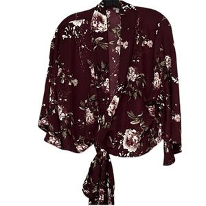 ⭐️ Charlotte Russe Y2k sheer maroon floral print button up bow waist tie L